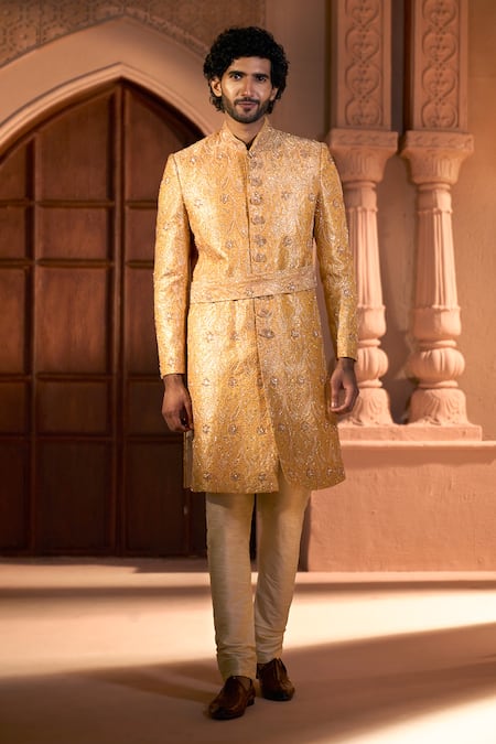 Arihant Rai Sinha Orange Jacquard, Silk, Dupion Embroidery, Paisley Pattern Banarasi Sherwani Set at Aza Fashions Arihant Rai Sinha_Orange Jacquard, Silk, Dupion Embroidery, Paisley Pattern Banarasi Sherwani Set _at_Aza_Fashions