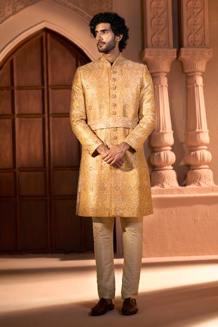 Shop Arihant Rai Sinha Orange Jacquard, Silk, Dupion Embroidery, Paisley Pattern Banarasi Sherwani Set Shop_Arihant Rai Sinha_Orange Jacquard, Silk, Dupion Embroidery, Paisley Pattern Banarasi Sherwani Set
