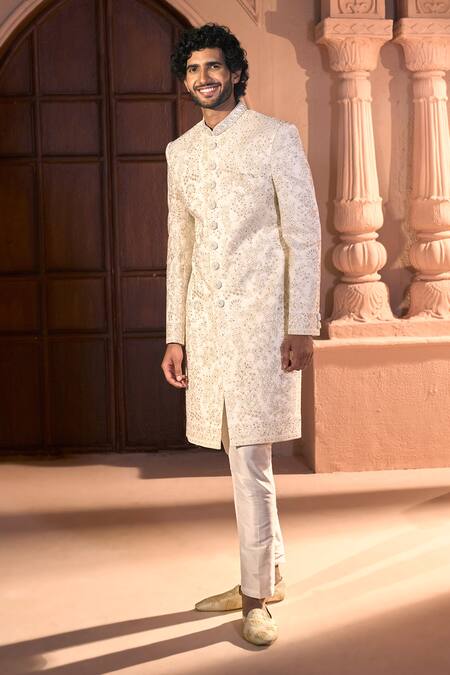 Shop Arihant Rai Sinha Cream Silk, Dupion Embroidery, Sequins Sherwani And Pant Set Online at Aza Fashions Shop_Arihant Rai Sinha_Cream Silk, Dupion Embroidery, Sequins Sherwani And Pant Set _Online_at_Aza_Fashions