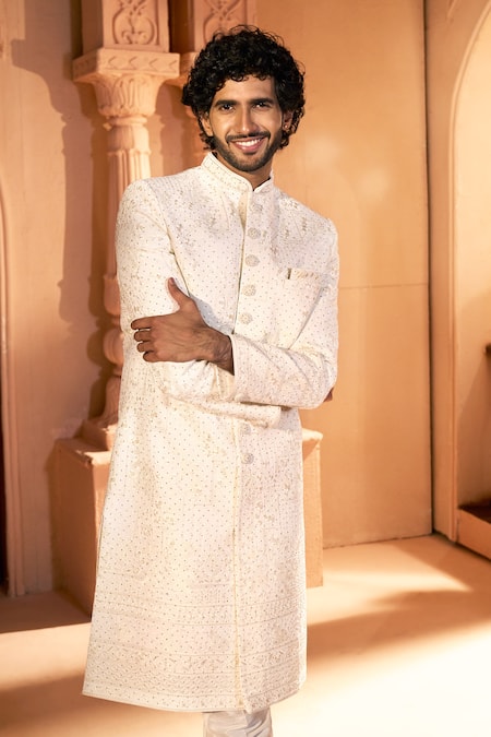 Buy Arihant Rai Sinha Cream Silk, Dupion Embroidery, Sequins Tonal Sherwani Set Online at Aza Fashions Buy_Arihant Rai Sinha_Cream Silk, Dupion Embroidery, Sequins Tonal Sherwani Set _Online_at_Aza_Fashions