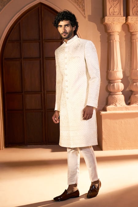 Buy Arihant Rai Sinha Cream Silk, Dupion Embroidery, Sequins Tonal Sherwani Set Buy_Arihant Rai Sinha_Cream Silk, Dupion Embroidery, Sequins Tonal Sherwani Set