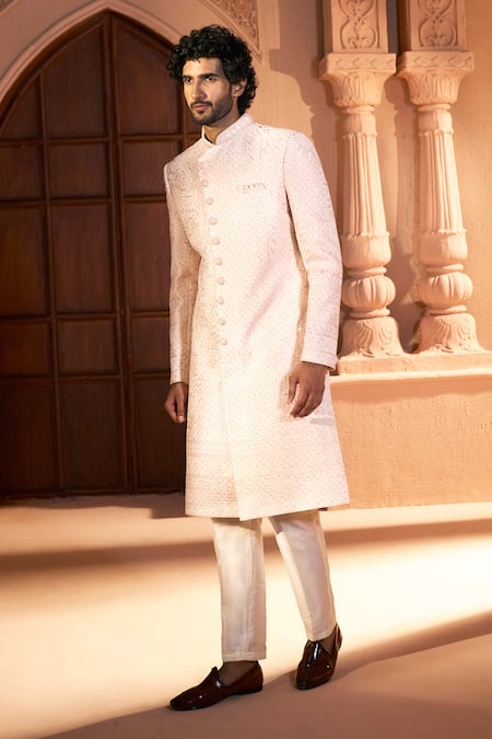 Shop Arihant Rai Sinha Peach Silk, Dupion Embroidery Tonal Pastel Sherwani Set Online at Aza Fashions Shop_Arihant Rai Sinha_Peach Silk, Dupion Embroidery Tonal Pastel Sherwani Set _Online_at_Aza_Fashions
