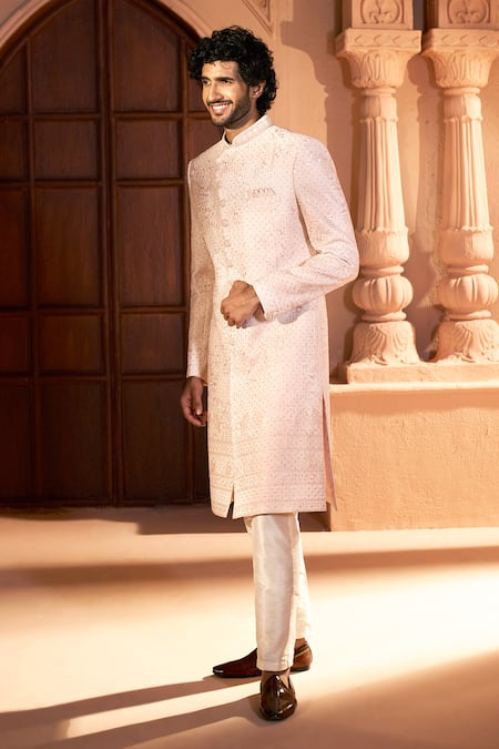 Arihant Rai Sinha Peach Silk, Dupion Embroidery Tonal Pastel Sherwani Set at Aza Fashions Arihant Rai Sinha_Peach Silk, Dupion Embroidery Tonal Pastel Sherwani Set _at_Aza_Fashions