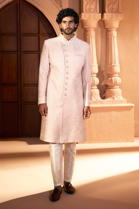 Shop Arihant Rai Sinha Peach Silk, Dupion Embroidery Tonal Pastel Sherwani Set Shop_Arihant Rai Sinha_Peach Silk, Dupion Embroidery Tonal Pastel Sherwani Set