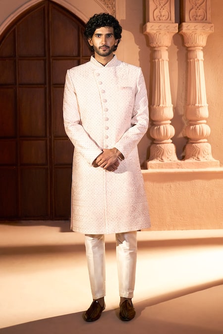Shop Arihant Rai Sinha Peach Silk, Dupion Embroidery Tonal Pastel Sherwani Set Shop_Arihant Rai Sinha_Peach Silk, Dupion Embroidery Tonal Pastel Sherwani Set