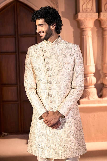 Arihant Rai Sinha Cream Silk, Dupion Embroidery Paisley Sherwani Set at Aza Fashions Arihant Rai Sinha_Cream Silk, Dupion Embroidery Paisley Sherwani Set _at_Aza_Fashions