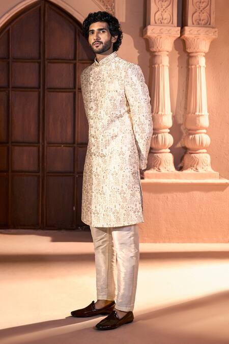 Shop Arihant Rai Sinha Cream Silk, Dupion Embroidery Paisley Sherwani Set Shop_Arihant Rai Sinha_Cream Silk, Dupion Embroidery Paisley Sherwani Set