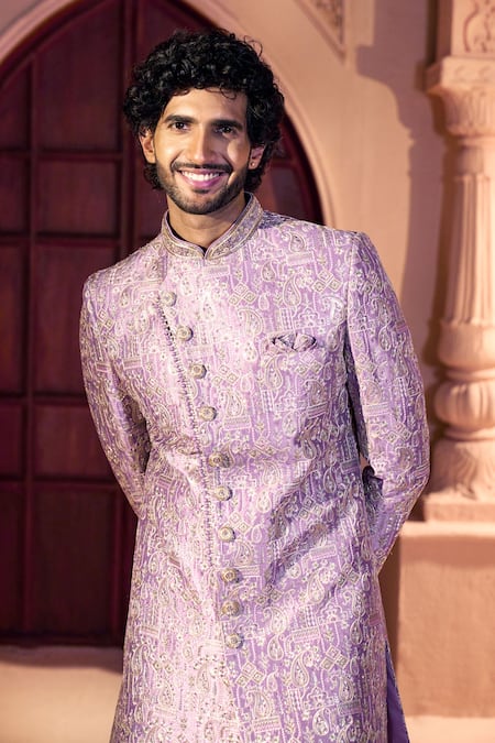Shop Arihant Rai Sinha Pink Silk, Dupion Embroidery, Metallic Thread Paisley Pattern Sherwani Set Online at Aza Fashions Shop_Arihant Rai Sinha_Pink Silk, Dupion Embroidery, Metallic Thread Paisley Pattern Sherwani Set _Online_at_Aza_Fashions
