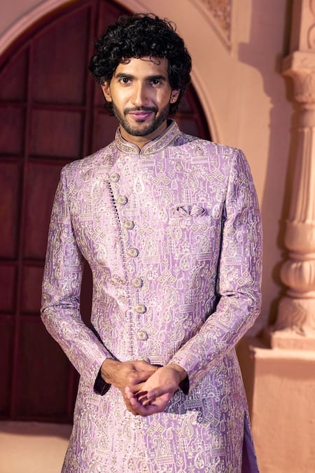 Arihant Rai Sinha Pink Silk, Dupion Embroidery, Metallic Thread Paisley Pattern Sherwani Set at Aza Fashions Arihant Rai Sinha_Pink Silk, Dupion Embroidery, Metallic Thread Paisley Pattern Sherwani Set _at_Aza_Fashions
