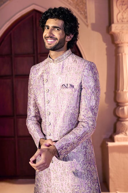 Shop Arihant Rai Sinha Pink Silk, Dupion Embroidery, Metallic Thread Paisley Pattern Sherwani Set Shop_Arihant Rai Sinha_Pink Silk, Dupion Embroidery, Metallic Thread Paisley Pattern Sherwani Set