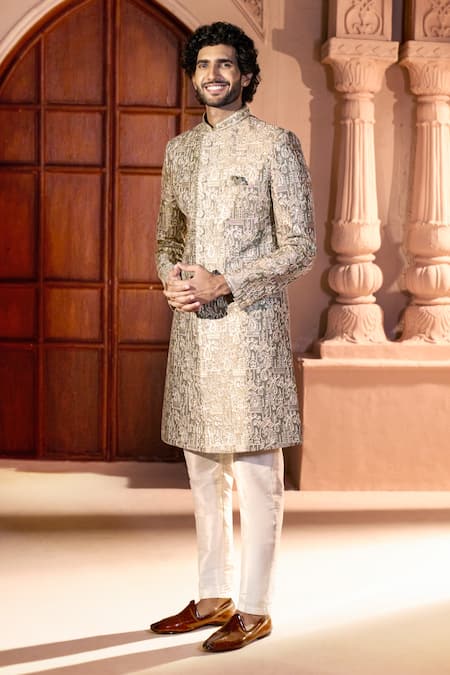 Shop Arihant Rai Sinha Green Silk, Dupion Embroidery Paisley Work Sherwani Set Online at Aza Fashions Shop_Arihant Rai Sinha_Green Silk, Dupion Embroidery Paisley Work Sherwani Set _Online_at_Aza_Fashions