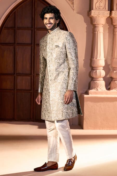 Arihant Rai Sinha Green Silk, Dupion Embroidery Paisley Work Sherwani Set at Aza Fashions Arihant Rai Sinha_Green Silk, Dupion Embroidery Paisley Work Sherwani Set _at_Aza_Fashions