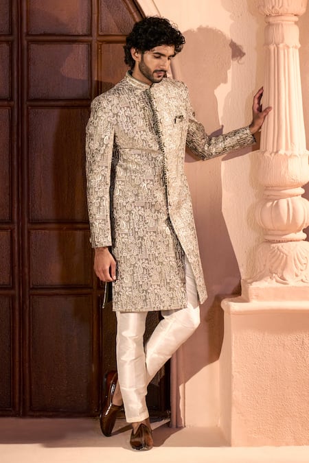 Buy Arihant Rai Sinha Green Silk, Dupion Embroidery Paisley Work Sherwani Set Buy_Arihant Rai Sinha_Green Silk, Dupion Embroidery Paisley Work Sherwani Set