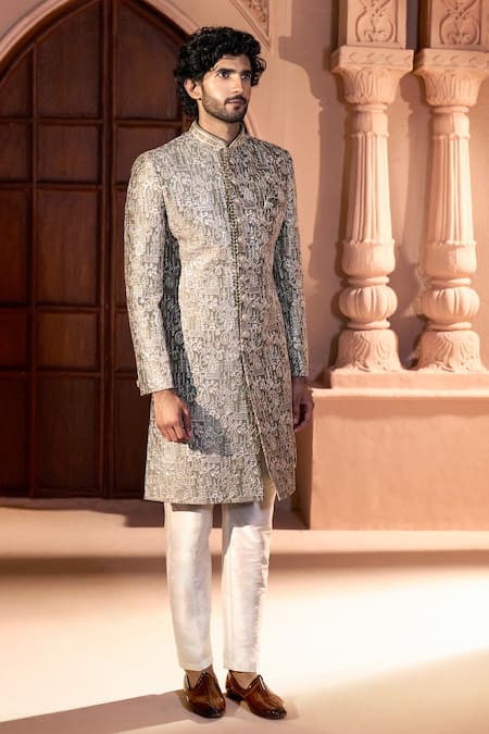 Shop Arihant Rai Sinha Green Silk, Dupion Embroidery Paisley Work Sherwani Set Shop_Arihant Rai Sinha_Green Silk, Dupion Embroidery Paisley Work Sherwani Set