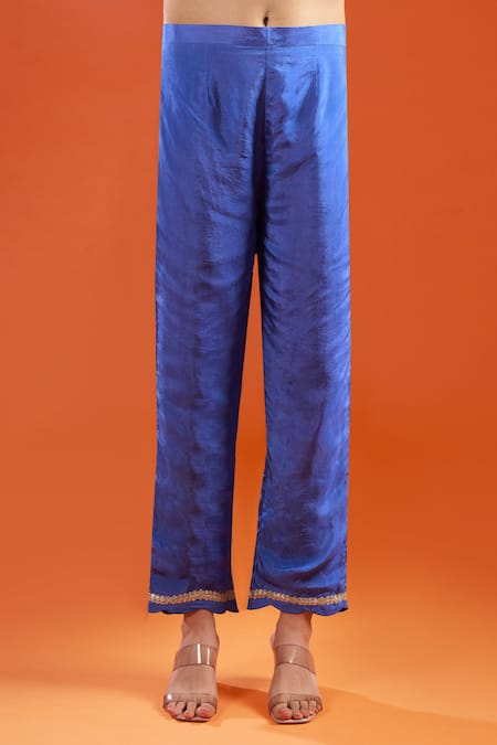 Samyukta Singhania Blue Silk Embroidery, Metallic Thread V-neck Marodi Kurta Set at Aza Fashions Samyukta Singhania_Blue Silk Embroidery, Metallic Thread V-neck Marodi Kurta Set _at_Aza_Fashions