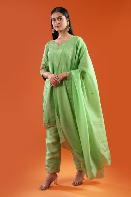 Samyukta Singhania Green Silk Embroidery, Metallic Thread Split V-neck Marodi Kurta Set at Aza Fashions Samyukta Singhania_Green Silk Embroidery, Metallic Thread Split V-neck Marodi Kurta Set _at_Aza_Fashions
