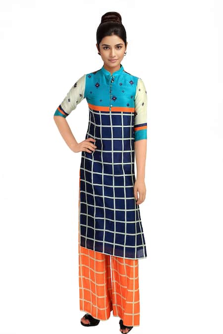 Soup By Sougat Paul Blue checkered kurta with orange palazzos 