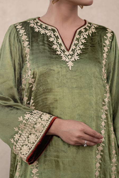 Buy Wazir C Olive Green Velvet Embroidery V-neck Kurta And Salwar Set Buy_Wazir C_Olive Green Velvet Embroidery V-neck Kurta And Salwar Set
