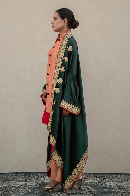 Wazir C_Peach Silk Mandarin Collar, Open Neck Kashmiri Golden Tilla Kurta Pant Set _Online_at_Aza_Fashions