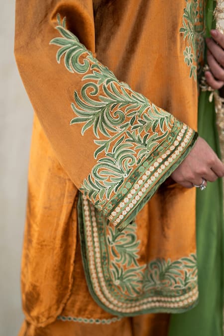 Wazir C Yellow Velvet, Organza Embroidery, Sequins, Zari V-neck Kurta Sharara Set Online at Aza Fashions Wazir C_Yellow Velvet, Organza Embroidery, Sequins, Zari V-neck Kurta Sharara Set _Online_at_Aza_Fashions