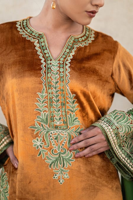 Buy Wazir C Yellow Velvet, Organza Embroidery, Sequins, Zari V-neck Kurta Sharara Set Online at Aza Fashions Buy_Wazir C_Yellow Velvet, Organza Embroidery, Sequins, Zari V-neck Kurta Sharara Set _Online_at_Aza_Fashions