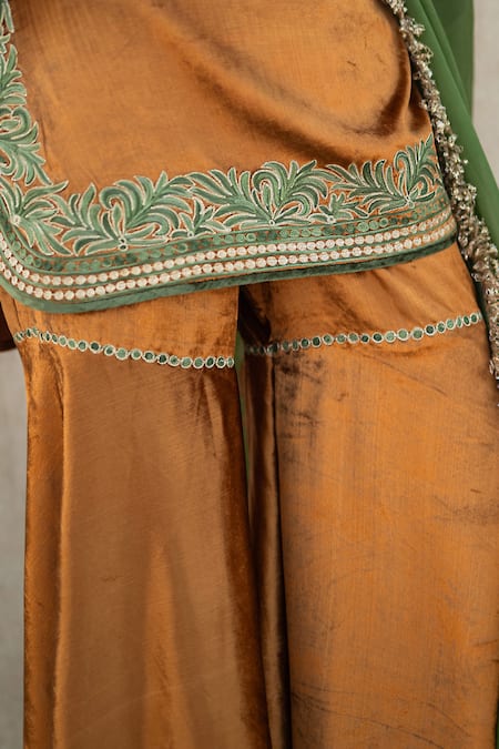 Shop Wazir C Yellow Velvet, Organza Embroidery, Sequins, Zari V-neck Kurta Sharara Set Online at Aza Fashions Shop_Wazir C_Yellow Velvet, Organza Embroidery, Sequins, Zari V-neck Kurta Sharara Set _Online_at_Aza_Fashions