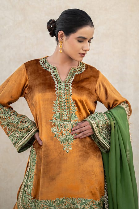 Wazir C Yellow Velvet, Organza Embroidery, Sequins, Zari V-neck Kurta Sharara Set at Aza Fashions Wazir C_Yellow Velvet, Organza Embroidery, Sequins, Zari V-neck Kurta Sharara Set _at_Aza_Fashions