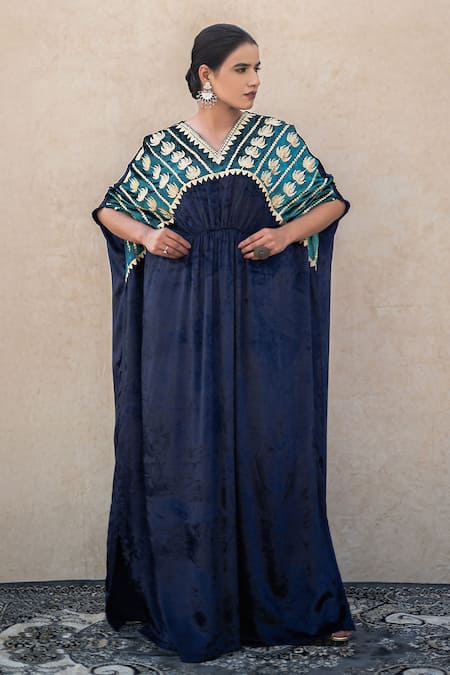 Buy Wazir C Blue Velvet Embroidery V-neck Kashmiri Tilla Kaftan Online at Aza Fashions Buy_Wazir C_Blue Velvet Embroidery V-neck Kashmiri Tilla Kaftan _Online_at_Aza_Fashions