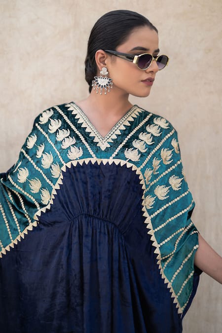 Shop Wazir C Blue Velvet Embroidery V-neck Kashmiri Tilla Kaftan Online at Aza Fashions Shop_Wazir C_Blue Velvet Embroidery V-neck Kashmiri Tilla Kaftan _Online_at_Aza_Fashions