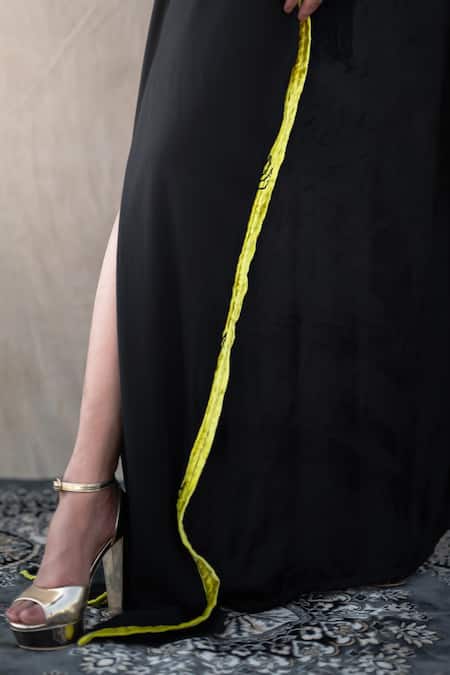 Wazir C Black Velvet Embroidery, Piping High , Keyhole Sleeve Kaftan Online at Aza Fashions Wazir C_Black Velvet Embroidery, Piping High , Keyhole Sleeve Kaftan _Online_at_Aza_Fashions