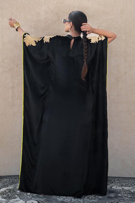 Shop Wazir C Black Velvet Embroidery, Piping High , Keyhole Sleeve Kaftan at Aza Fashions Shop_Wazir C_Black Velvet Embroidery, Piping High , Keyhole Sleeve Kaftan _at_Aza_Fashions