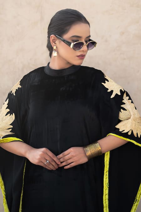 Shop Wazir C Black Velvet Embroidery, Piping High , Keyhole Sleeve Kaftan Online at Aza Fashions Shop_Wazir C_Black Velvet Embroidery, Piping High , Keyhole Sleeve Kaftan _Online_at_Aza_Fashions