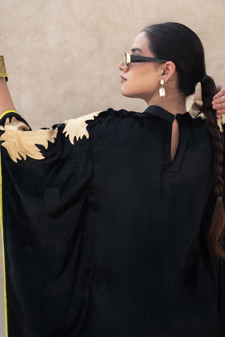Wazir C Black Velvet Embroidery, Piping High , Keyhole Sleeve Kaftan at Aza Fashions Wazir C_Black Velvet Embroidery, Piping High , Keyhole Sleeve Kaftan _at_Aza_Fashions