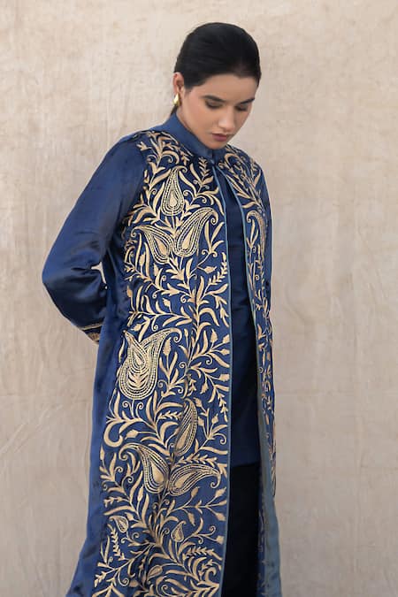 Shop Wazir C Blue Silk Mandarin Collar Kashmiri Golden Tilla Embroidered Cape Set Online at Aza Fashions Shop_Wazir C_Blue Silk Mandarin Collar Kashmiri Golden Tilla Embroidered Cape Set _Online_at_Aza_Fashions