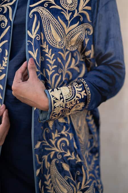Wazir C Blue Silk Mandarin Collar Kashmiri Golden Tilla Embroidered Cape Set at Aza Fashions Wazir C_Blue Silk Mandarin Collar Kashmiri Golden Tilla Embroidered Cape Set _at_Aza_Fashions