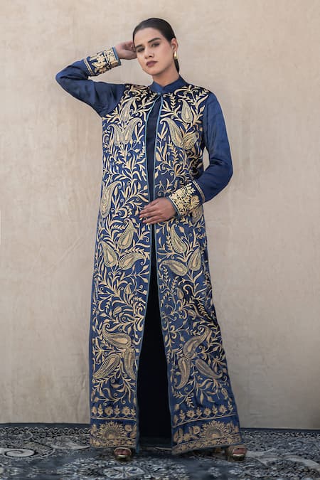 Wazir C Blue Silk Mandarin Collar Kashmiri Golden Tilla Embroidered Cape Set 
