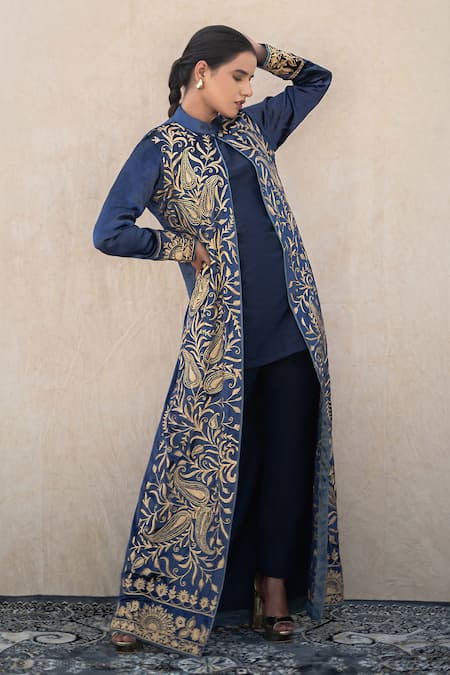 Buy Wazir C Blue Silk Mandarin Collar Kashmiri Golden Tilla Embroidered Cape Set Buy_Wazir C_Blue Silk Mandarin Collar Kashmiri Golden Tilla Embroidered Cape Set