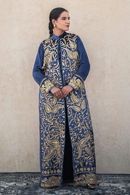 Shop Wazir C Blue Silk Mandarin Collar Kashmiri Golden Tilla Embroidered Cape Set Shop_Wazir C_Blue Silk Mandarin Collar Kashmiri Golden Tilla Embroidered Cape Set