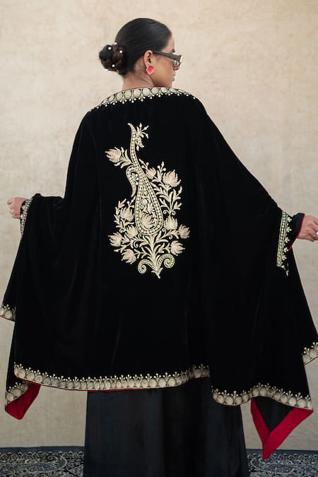 Shop Wazir C Black Embroidery Round , Open Kashmiri Tilla And Aari Dress With Cape Online at Aza Fashions Shop_Wazir C_Black Embroidery Round , Open Kashmiri Tilla And Aari Dress With Cape _Online_at_Aza_Fashions