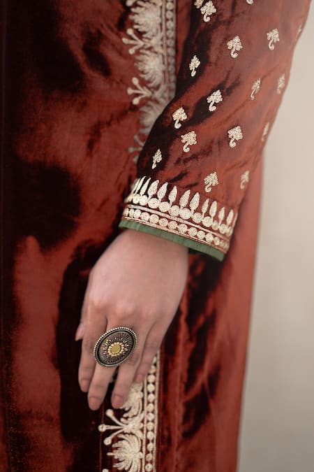 Shop Wazir C Rust Velvet, Silk, Organza Embroidery, Metallic Kashmiri Golden Tilla Kurta Set Online at Aza Fashions Shop_Wazir C_Rust Velvet, Silk, Organza Embroidery, Metallic Kashmiri Golden Tilla Kurta Set _Online_at_Aza_Fashions