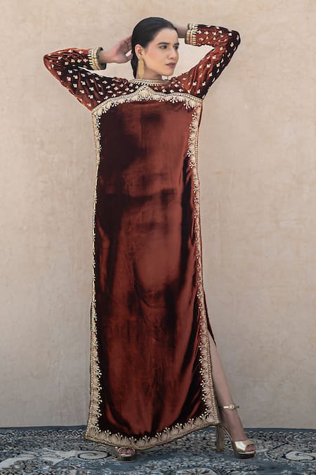 Buy Wazir C Brown Velvet Embroidery Round Neck Kashmiri Golden Tilla Dress Online at Aza Fashions Buy_Wazir C_Brown Velvet Embroidery Round Neck Kashmiri Golden Tilla Dress _Online_at_Aza_Fashions