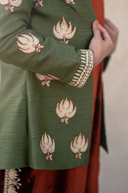 Wazir C Rust Velvet, Silk Embroidery, Metallic Kashmiri Tilla Maxi Dress With Jacket Online at Aza Fashions Wazir C_Rust Velvet, Silk Embroidery, Metallic Kashmiri Tilla Maxi Dress With Jacket _Online_at_Aza_Fashions