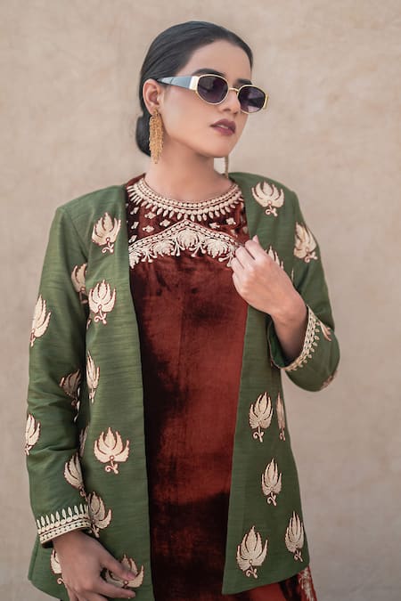 Buy Wazir C Rust Velvet, Silk Embroidery, Metallic Kashmiri Tilla Maxi Dress With Jacket Online at Aza Fashions Buy_Wazir C_Rust Velvet, Silk Embroidery, Metallic Kashmiri Tilla Maxi Dress With Jacket _Online_at_Aza_Fashions