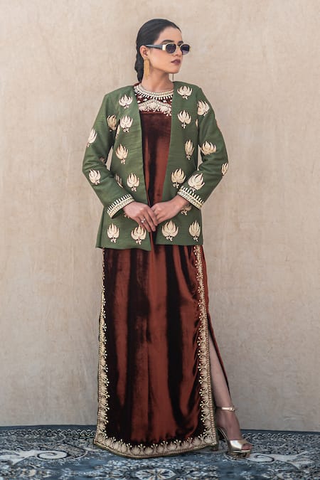 Shop Wazir C Rust Velvet, Silk Embroidery, Metallic Kashmiri Tilla Maxi Dress With Jacket Online at Aza Fashions Shop_Wazir C_Rust Velvet, Silk Embroidery, Metallic Kashmiri Tilla Maxi Dress With Jacket _Online_at_Aza_Fashions