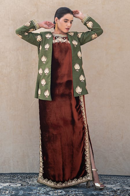 Wazir C Rust Velvet, Silk Embroidery, Metallic Kashmiri Tilla Maxi Dress With Jacket at Aza Fashions Wazir C_Rust Velvet, Silk Embroidery, Metallic Kashmiri Tilla Maxi Dress With Jacket _at_Aza_Fashions
