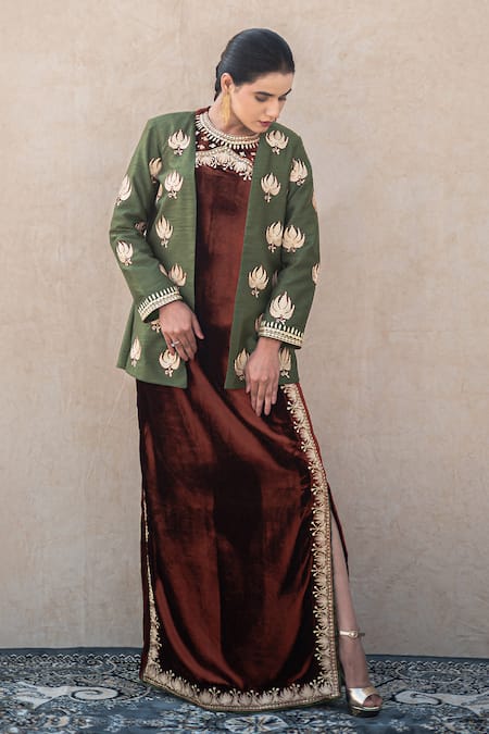 Buy Wazir C Rust Velvet, Silk Embroidery, Metallic Kashmiri Tilla Maxi Dress With Jacket Buy_Wazir C_Rust Velvet, Silk Embroidery, Metallic Kashmiri Tilla Maxi Dress With Jacket