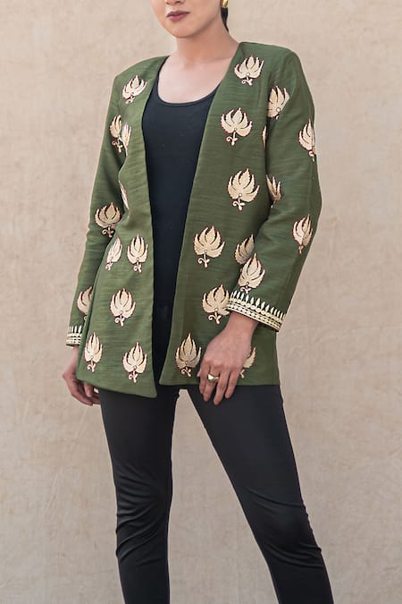 Wazir C Green Silk Embroidery, Metallic Thread Open Neck Kashmiri Tilla And Aari Jacket Online at Aza Fashions Wazir C_Green Silk Embroidery, Metallic Thread Open Neck Kashmiri Tilla And Aari Jacket _Online_at_Aza_Fashions