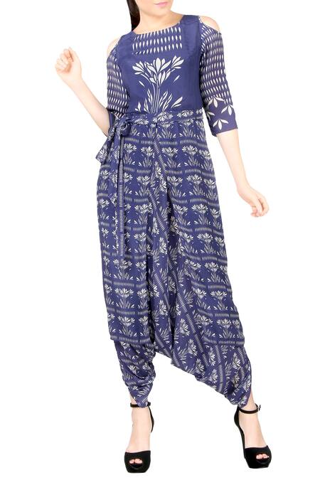 Buy_Soup By Sougat Paul_Blue Cold Shoulder Dhoti Jumpsuit _Online_at_Aza_Fashions