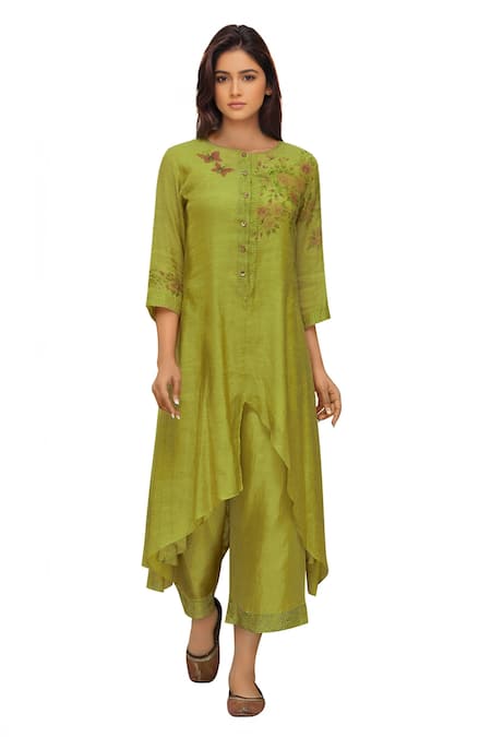 Neeta Bhargava Green Tissue, Cotton Silk Inner Round Neckline, Kurta Asymmetric Set 