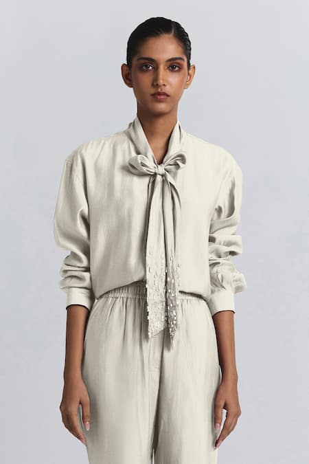 Line Out Line Off White Chanderi Beads Collared Bow Shirt And Pant Set Online at Aza Fashions Line Out Line_Off White Chanderi Beads Collared Bow Shirt And Pant Set _Online_at_Aza_Fashions